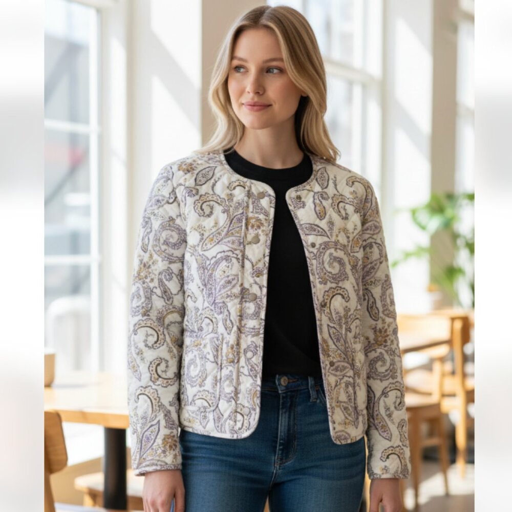 NWT Rachel Zoe Quilted Crop Zip Paisley Floral Print Jacket Vintage Y2K